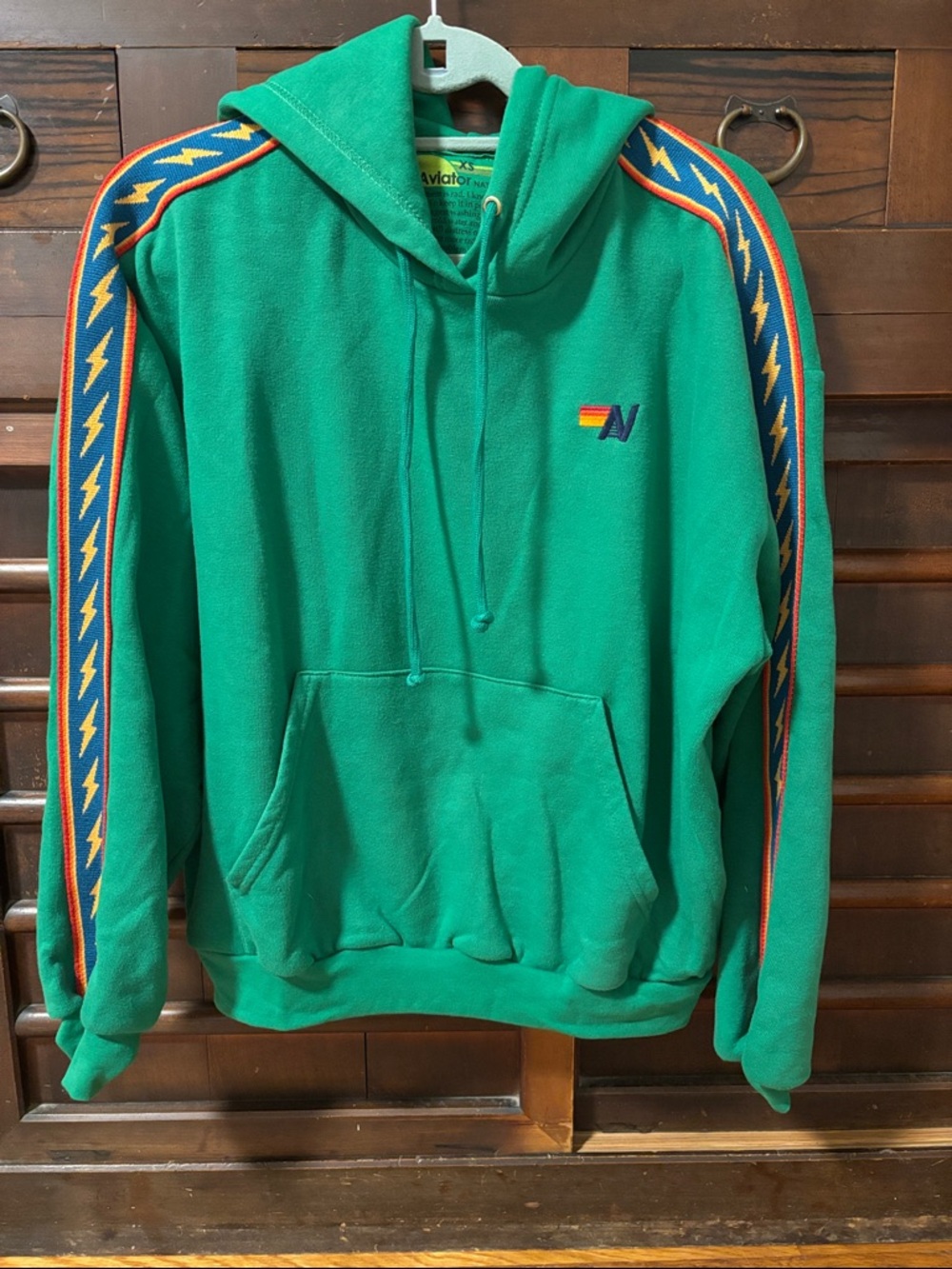 Aviator Nation Green Hoodie with Blue & Orange Lightning Stripe